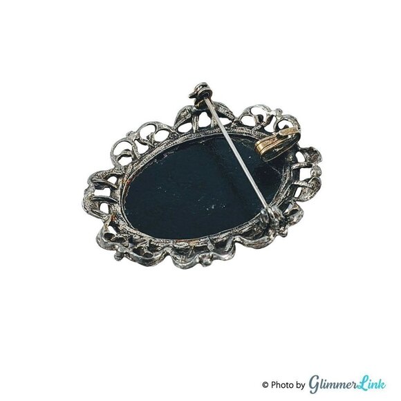 Vintage Two Boys Garden Oval Black & Gold Enamel Silver Tone Brooch Pendant - Picture 8 of 9